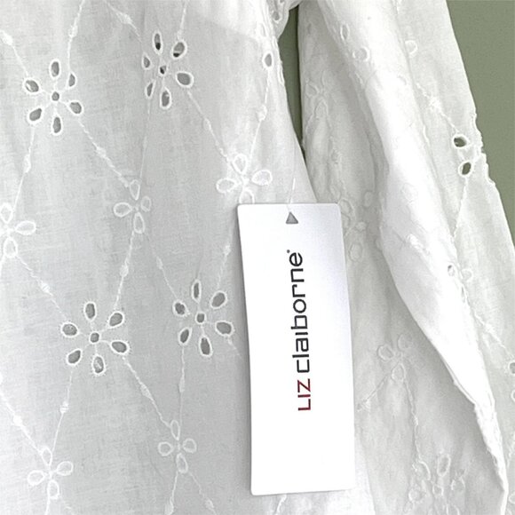 Liz Claiborne Eyelet Top sz M 3/4 Sleeve White Cottagecore Peasant Romantic NWT - Picture 5 of 7